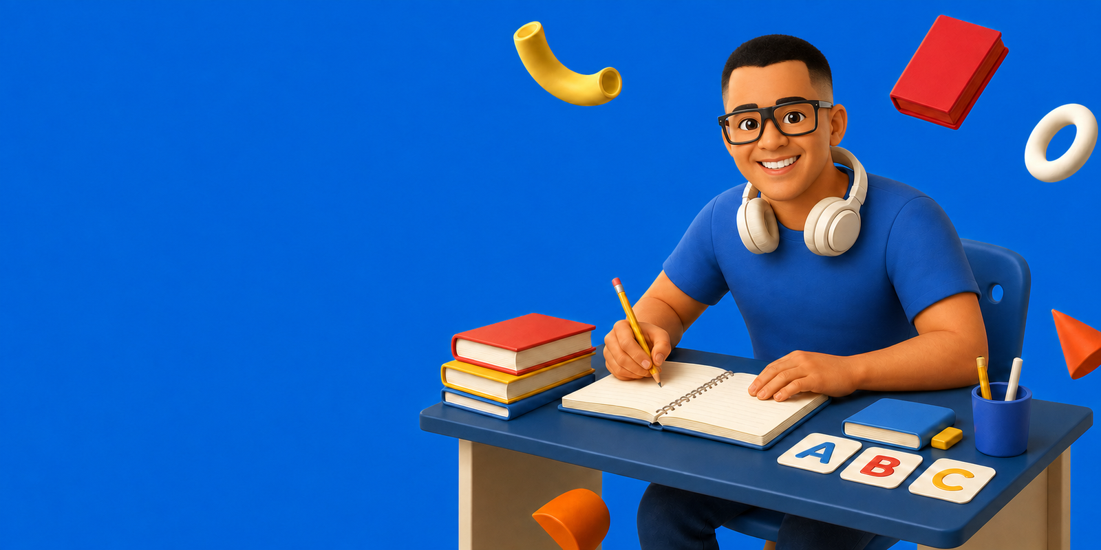 Professor Quislom em estilo de boneco, estudando inglês em uma mesa escolar